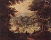 unknow artist a wooded landscape with a hunting party at the edge of a lake,a castle beyond oil painting image